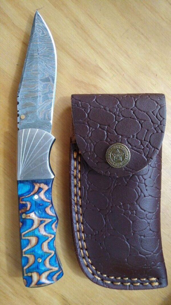 Custom Hand Forged Damascus Pattern Folding Clip-Point Knife w/Locking blade and Leather Belt Sheath[New – Unused]. Custom/Handmade cutlery