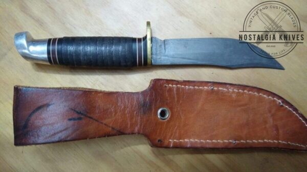 Vintage Western L66 8.5″ Fixed-Blade, Bowie Knife with Orig. Leather Belt Sheath – Naturally re-etched blade reveals clean high carbon steel [Used – Near Mint Cond.]. Collectible Knives cutlery