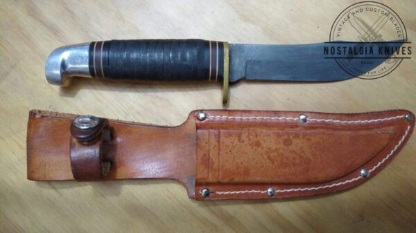 Vintage Western L66 8.5″ Fixed-Blade, Bowie Knife with Orig. Leather Belt Sheath – Naturally re-etched blade reveals clean high carbon steel [Used – Near Mint Cond.]. Collectible Knives cutlery