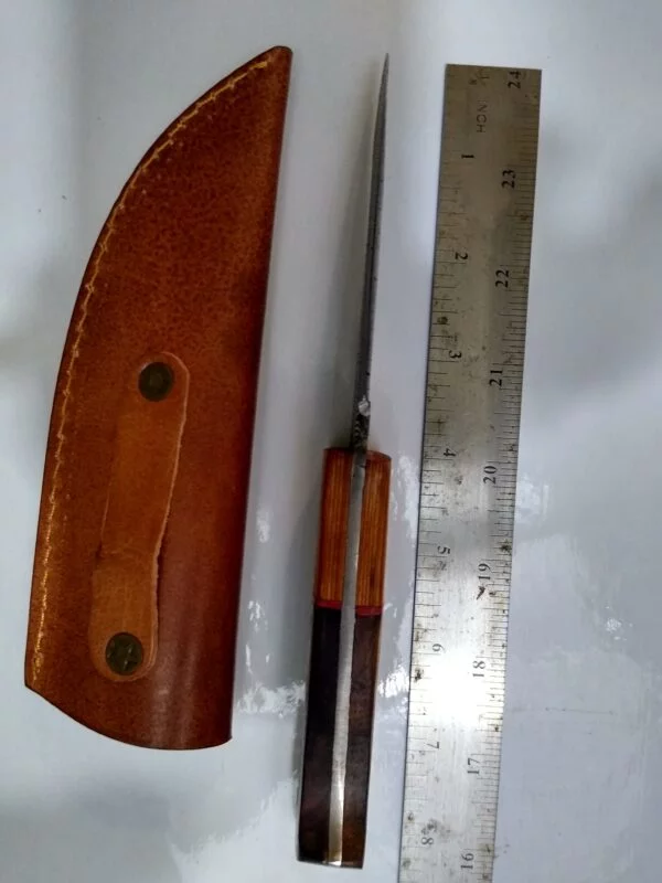 Handmade Damascus Pattern 8″ Fixed-Blade Clip-Point knife with false edge, and leather Belt Sheath[New/Unused]. Custom/Handmade