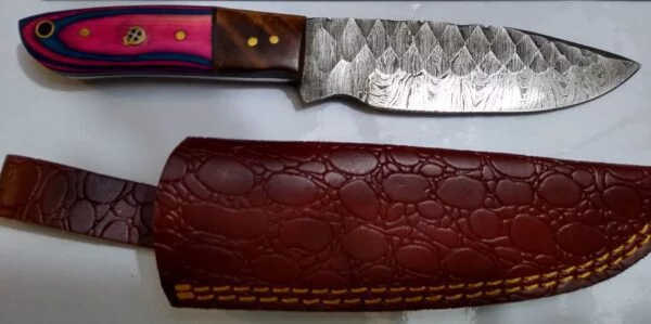 Handmade Damascus 8″ Fixed-Blade Drop-Point knife, with Belt Sheath [New – Unused]. Custom/Handmade cutlery