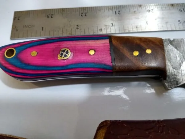 Handmade Damascus 8″ Fixed-Blade Drop-Point knife, with Belt Sheath [New – Unused]. Custom/Handmade cutlery
