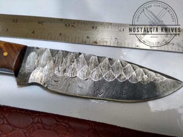 Handmade Damascus 8″ Fixed-Blade Drop-Point knife, with Belt Sheath [New – Unused]. Custom/Handmade cutlery