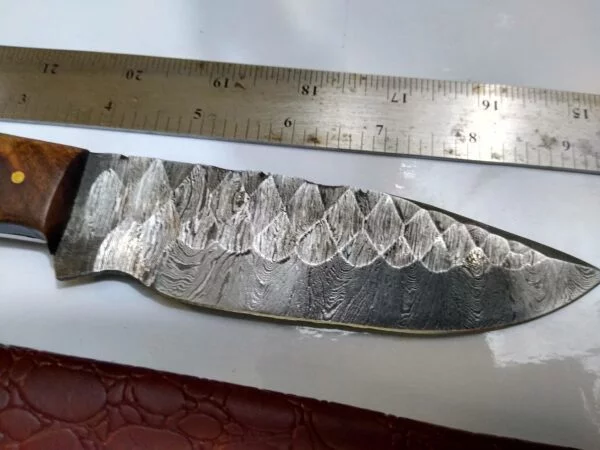 Handmade Damascus 8″ Fixed-Blade Drop-Point knife, with Belt Sheath [New – Unused]. Custom/Handmade cutlery