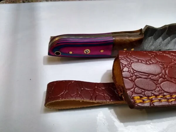 Handmade Damascus 8″ Fixed-Blade Drop-Point knife, with Belt Sheath [New – Unused]. Custom/Handmade cutlery