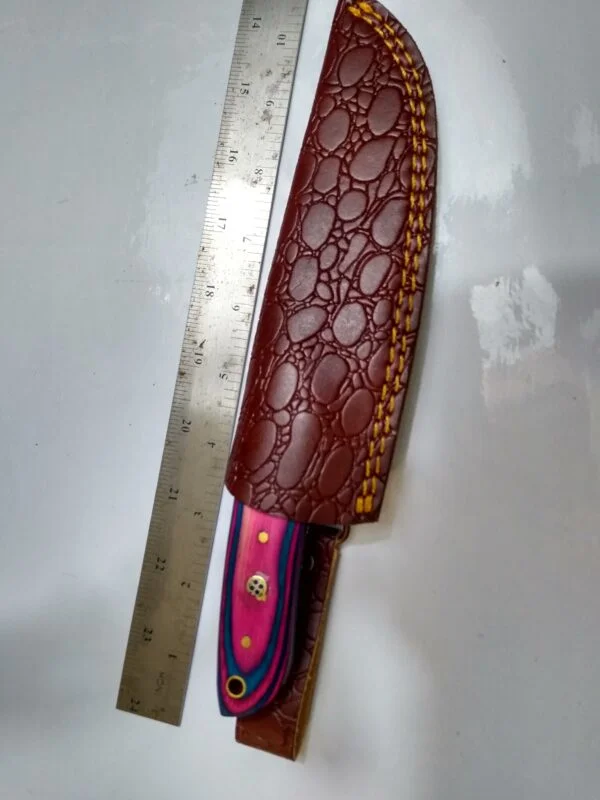 Handmade Damascus 8″ Fixed-Blade Drop-Point knife, with Belt Sheath [New – Unused]. Custom/Handmade cutlery