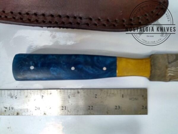Handmade Damascus Pattern 9″ Spear-point/Dagger fixed blade knife, with Belt Sheath [New – Unused]. Custom/Handmade cutlery