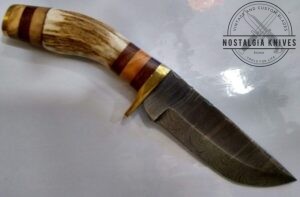 Handmade Damascus 8" Fixed-Blade Stag Straight-Back knife, Antler Handle and Leather Belt Sheath [Unused - Pristine Mint. Cond.]