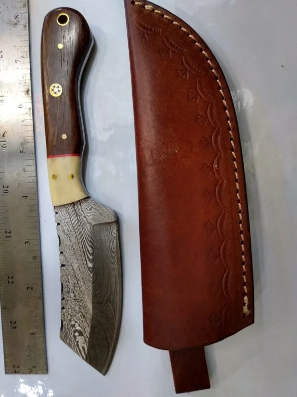 Custom Hand-forged 8″ Damascus Wharncliffe Knife, and Leather Belt Sheath. Custom/Handmade cutlery