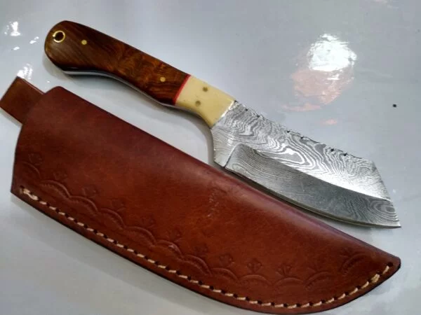 Custom Hand-forged 8″ Damascus Wharncliffe Knife, and Leather Belt Sheath. Custom/Handmade cutlery
