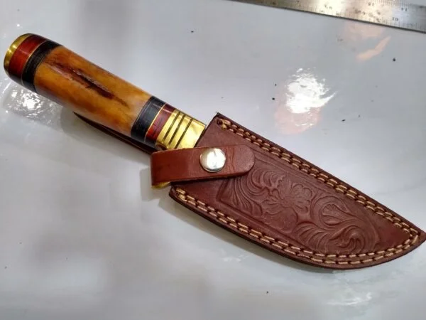 Handmade Damascus Pattern 10″ Fixed-Blade Straight-Back Knife, with Belt Sheath[Unused – Pristine Cond.] Custom/Handmade cutlery