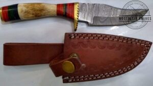 Handmade Damascus Pattern 8" Fixed-Blade Clip-Point knife with false edge, and Leather Belt Sheath [New - Unused].