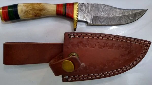 Handmade Damascus Pattern 8″ Fixed-Blade Clip-Point knife with false edge, and Leather Belt Sheath [New – Unused]. Custom/Handmade