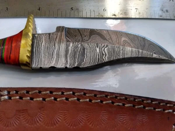 Handmade Damascus Pattern 8″ Fixed-Blade Clip-Point knife with false edge, and Leather Belt Sheath [New – Unused]. Custom/Handmade