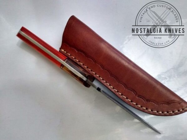 Handmade Damascus Pattern 8″ Fixed-Blade Straight-Back knife, with Belt Sheath[Unused – Pristine Cond.] Custom/Handmade cutlery
