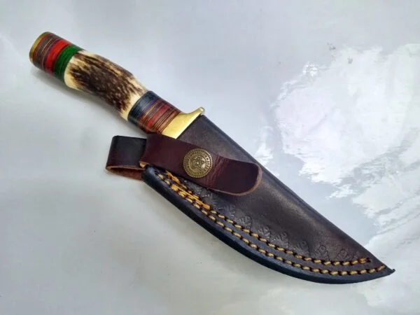 Handmade Damascus Pattern 8″ Fixed-Blade Clip-Point knife, with Belt Sheath[New/Unused]. Custom/Handmade cutlery