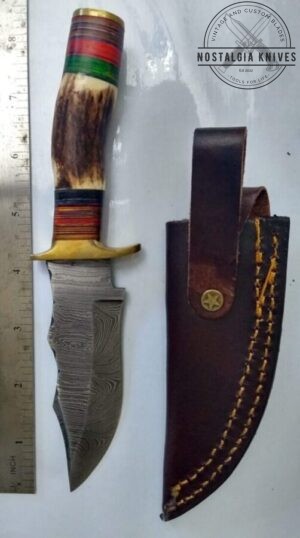 Handmade Damascus Pattern 8" Fixed-Blade Clip-Point knife, with Belt Sheath[New/Unused].