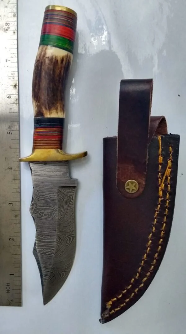 Handmade Damascus Pattern 8″ Fixed-Blade Clip-Point knife, with Belt Sheath[New/Unused]. Custom/Handmade cutlery