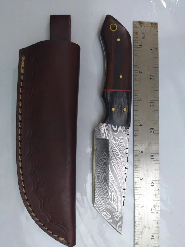 Custom Hand-forged 8″ Damascus Tanto Knife with serrated spine, and Leather Belt Sheath. Collectible Knives cutlery