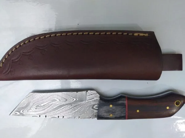 Custom Hand-forged 8″ Damascus Tanto Knife with serrated spine, and Leather Belt Sheath. Collectible Knives cutlery