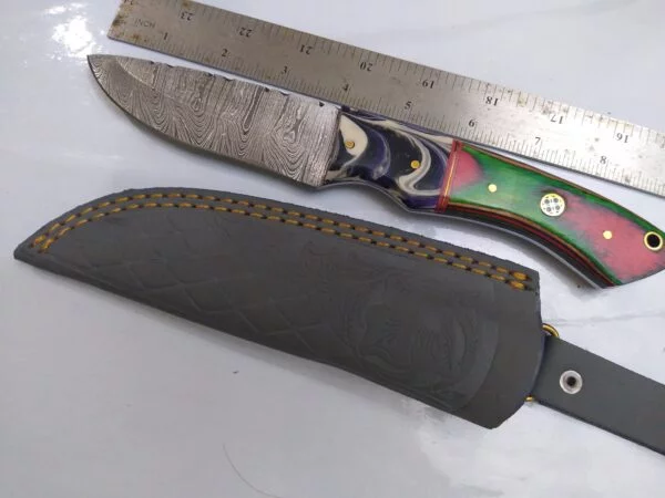 Handmade Damascus 9″ Fixed-Blade Drop-Point Knife, Trippy Handle Design with Custom Gray Leather Belt Sheath[New/Unused]. Collectible Knives cutlery