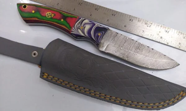 Handmade Damascus 9″ Fixed-Blade Drop-Point Knife, Trippy Handle Design with Custom Gray Leather Belt Sheath[New/Unused]. Collectible Knives cutlery