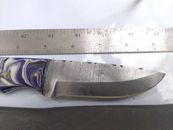 Handmade Damascus 9″ Fixed-Blade Drop-Point Knife, Trippy Handle Design with Custom Gray Leather Belt Sheath[New/Unused]. Collectible Knives cutlery
