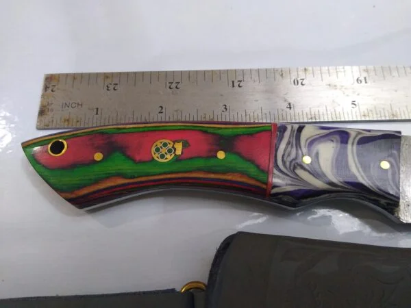 Handmade Damascus 9″ Fixed-Blade Drop-Point Knife, Trippy Handle Design with Custom Gray Leather Belt Sheath[New/Unused]. Collectible Knives cutlery