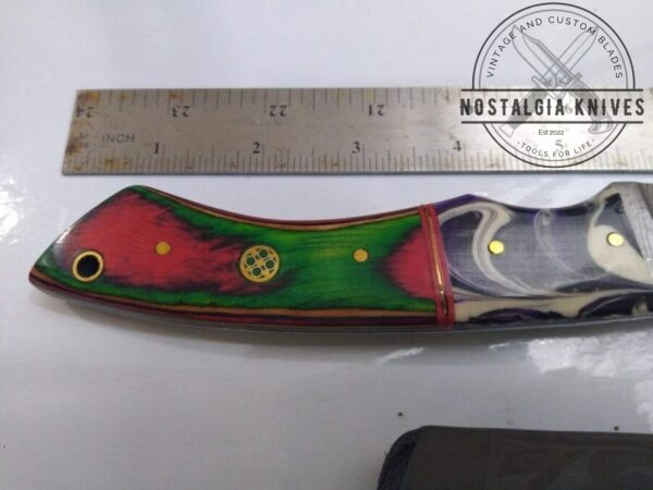 Handmade Damascus 9″ Fixed-Blade Drop-Point Knife, Trippy Handle Design with Custom Gray Leather Belt Sheath[New/Unused]. Collectible Knives cutlery
