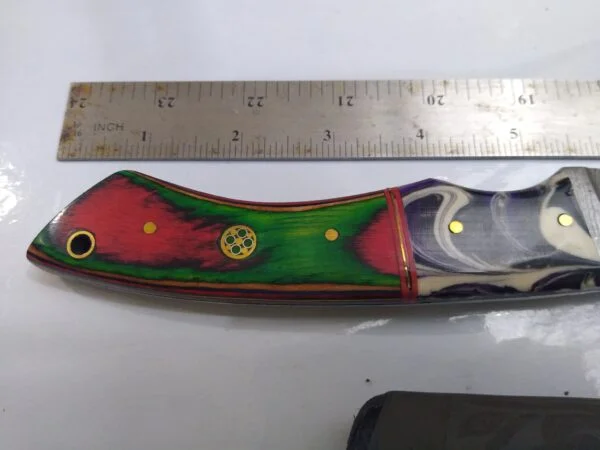 Handmade Damascus 9″ Fixed-Blade Drop-Point Knife, Trippy Handle Design with Custom Gray Leather Belt Sheath[New/Unused]. Collectible Knives cutlery