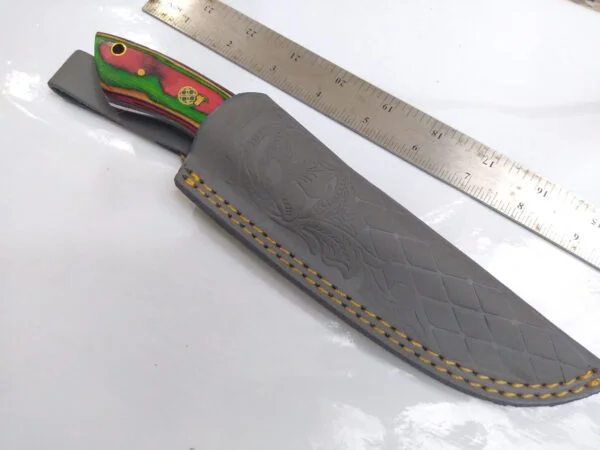 Handmade Damascus 9″ Fixed-Blade Drop-Point Knife, Trippy Handle Design with Custom Gray Leather Belt Sheath[New/Unused]. Collectible Knives cutlery