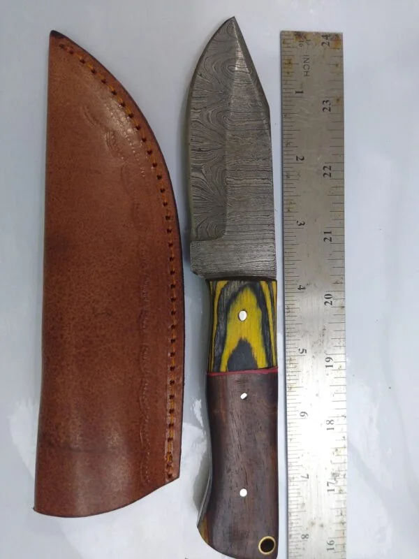 Custom Hand-forged 8″ Damascus Clip-Point Knife with False Edge, and Leather Belt Sheath. Collectible Knives cutlery