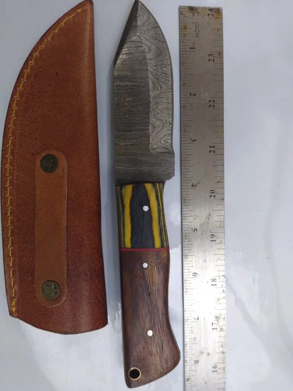 Custom Hand-forged 8″ Damascus Clip-Point Knife with False Edge, and Leather Belt Sheath. Collectible Knives cutlery