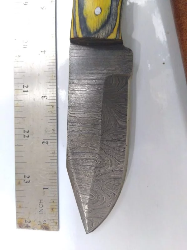 Custom Hand-forged 8″ Damascus Clip-Point Knife with False Edge, and Leather Belt Sheath. Collectible Knives cutlery
