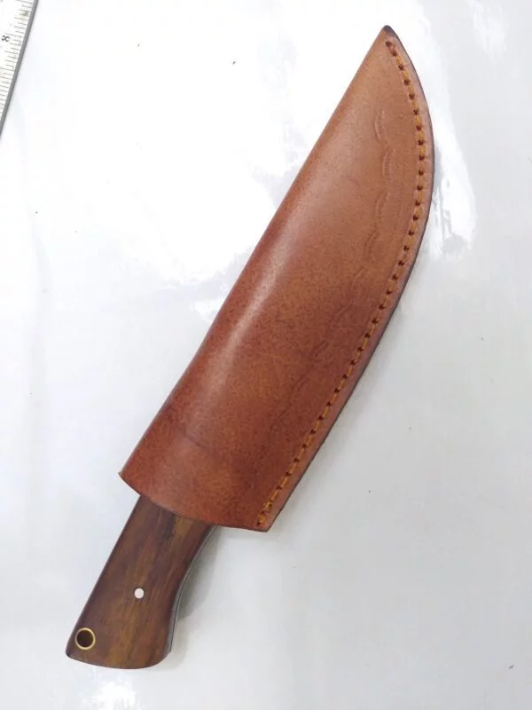Custom Hand-forged 8″ Damascus Clip-Point Knife with False Edge, and Leather Belt Sheath. Collectible Knives cutlery