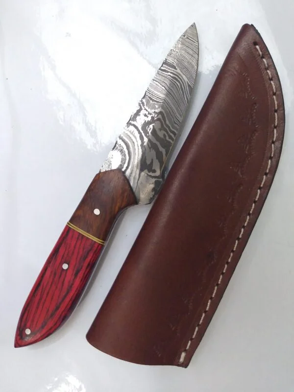 Handmade Damascus 8″ Fixed-Blade Drop-Point knife, and Leather Belt Sheath [Unused – Pristine Cond.] Custom/Handmade cutlery
