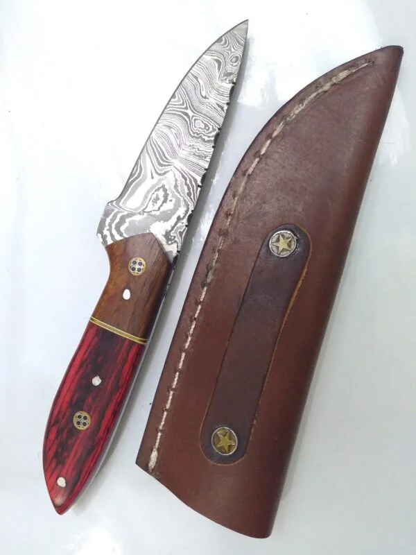 Handmade Damascus 8″ Fixed-Blade Drop-Point knife, and Leather Belt Sheath [Unused – Pristine Cond.] Custom/Handmade cutlery