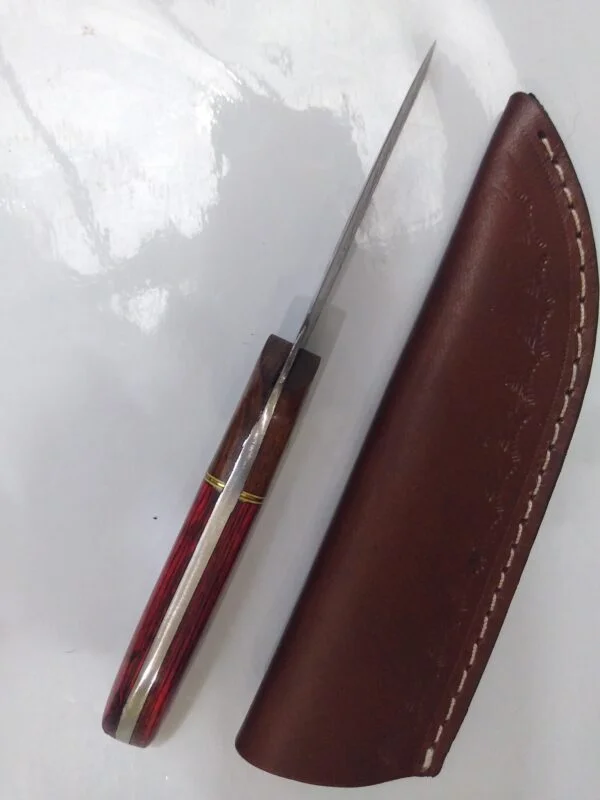 Handmade Damascus 8″ Fixed-Blade Drop-Point knife, and Leather Belt Sheath [Unused – Pristine Cond.] Custom/Handmade cutlery