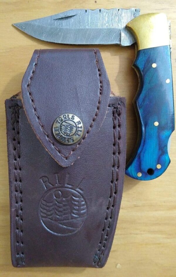 Rill Simple Tool – Azul Damascus Folding Knife with Skateboard Deck Scales and Leather Belt Sheath.[Unused Cond.] Damascus Knives cutlery