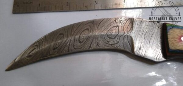 A Tigers Claw – Custom Handmade 9.5″ Damascus Pattern Karambit Knife with Leather Belt Sheath [Unused]. Collectible Knives edc
