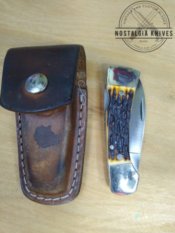 Heritage USA Hunter/Folder Single Blade Spine-lock knife with original leather belt sheath[Used – Pristine Cond.] Everyday Carry[EDC]