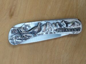 Sharp Pocket Knife, Made In Japan - Raised Relief Pheasants, Single Lock Blade, [Used - Near Mint Cond.]