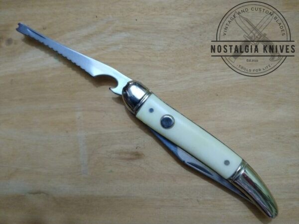 Vintage Providence Cutlery, Prov. R.I. White Handle, 7.5″ Fish Knife w/Scaler and Opener[Unused – Pristine Mint Cond.] Collectible Knives