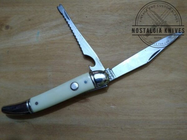 Vintage Providence Cutlery, Prov. R.I. White Handle, 7.5″ Fish Knife w/Scaler and Opener[Unused – Pristine Mint Cond.] Collectible Knives