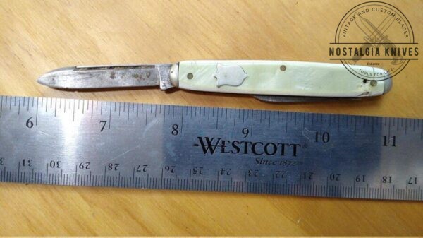 Vintage KENT USA 2 Blade Pocket Knife with Steel Badge and Bolsters, White Pearl Handle Scales, Brass Liners and Pins [Used- Good Cond.] Collectible Knives