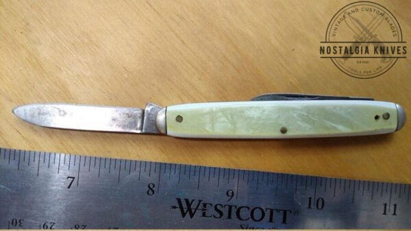 Vintage KENT USA 2 Blade Pocket Knife with Steel Badge and Bolsters, White Pearl Handle Scales, Brass Liners and Pins [Used- Good Cond.] Collectible Knives