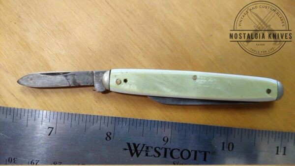 Vintage KENT USA 2 Blade Pocket Knife with Steel Badge and Bolsters, White Pearl Handle Scales, Brass Liners and Pins [Used- Good Cond.] Collectible Knives