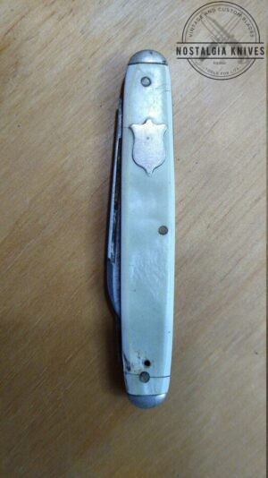 Vintage KENT USA 2 Blade Pocket Knife with Steel Badge and Bolsters, White Pearl Handle Scales, Brass Liners and Pins [Used- Good Cond.]