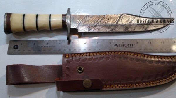 Handmade in TX, USA – Damascus 14″ Fixed Blade Bowie knife with Damascus guard and butt cap. New Leather Belt Sheath, with that new leather smell [New-Unused] Custom/Handmade cutlery
