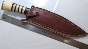 Handmade in TX, USA - Damascus 14" Fixed Blade Bowie knife with Damascus guard and butt cap. New Leather Belt Sheath, with that new leather smell [New-Unused]